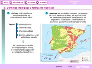 GEOGRAFÍA
TEMA 1RECURSOS INTERNETPRESENTACIÓN
Santillana
INICIO
SALIRSALIRANTERIORANTERIOR
5.- Dominios litológicos y formas de modelado
Litología es la ciencia que
estudia y describe las
características de las rocas
Las rocas son agregados naturales compuestos
de uno o varios minerales y, en algunos casos,
de elementos procedentes de la actividad de
organismos vivos fósiles. Son materiales o
elementos que conforman la corteza terrestre
España Dominio silíceo
Dominio calizo
Dominio arcilloso
Dominio volcánico, en el
archipiélago canario
En cada zona modelarán
distintas formas de relieve.
Condicionarán la vegetación,
la hidrografía, los cultivos…
Ampliación
 