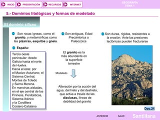 GEOGRAFÍA
TEMA 1RECURSOS INTERNETPRESENTACIÓN
Santillana
INICIO
SALIRSALIRANTERIORANTERIOR
5.- Dominios litológicos y formas de modelado
El dominio silíceo
Son rocas ígneas, como el
granito, y metamórficas como
las pizarras, esquitos y gneis.
Son antiguas, Edad
Precámbrica o
Paleozoica
Son duras, rígidas, resistentes a
la erosión. Ante las presiones
tectónicas pueden fracturarse
España:
Tercio oeste
peninsular: desde
Galicia hasta el norte
de Huelva.
Hacia el este: por
el Macizo Asturiano, el
Sistema Central,
Montes de Toledo
y Sierra Morena.
En manchas aisladas,
en el eje central de los
Pirineos, Penibéticas,
Sistema Ibérico
y la Cordillera
Costero-Catalana
Tercio oeste
peninsular: desde
Galicia hasta el norte
de Huelva.
Hacia el este: por
el Macizo Asturiano, el
Sistema Central,
Montes de Toledo
y Sierra Morena.
En manchas aisladas,
en el eje central de los
Pirineos, Penibéticas,
Sistema Ibérico
y la Cordillera
Costero-Catalana
El granito es la
más abundante en
la superficie
terrestre
Alteración por la acción del
agua, del hielo y del deshielo,
que actúa a través de las
diaclasas, líneas de
debilidad del granito
Doc.21Doc.21
Modelado
 