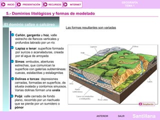GEOGRAFÍA
TEMA 1RECURSOS INTERNETPRESENTACIÓN
Santillana
INICIO
SALIRSALIRANTERIORANTERIOR
5.- Dominios litológicos y formas de modelado
Las formas resultantes son variadas
Cañón, garganta u hoz, valle
estrecho de flancos verticales y
profundos labrado por un río
Lapiaz o lenar: superficie formada
por surcos o acanaladuras, creada
por el agua de arroyada
Simas: embudos, aberturas
estrechas, que comunican la
superficie con galerías subterráneas:
cuevas, estalactitas y estalagmitas
Dolinas o torcas: depresiones
cerradas, formadas en superficie, de
silueta ovalada y contornos sinuosos.
Varias dolinas forman una uvala
Poljé: valle cerrado de fondo
plano, recorrido por un riachuelo
que se pierde por un sumidero o
pónor
El dominio calizo o calcáreo
Ampliación
 