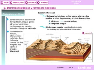 GEOGRAFÍA
TEMA 1RECURSOS INTERNETPRESENTACIÓN
Santillana
INICIO
SALIRSALIRANTERIORANTERIOR
5.- Dominios litológicos y formas de modelado
Zonas semiáridas desprovistas
de vegetación, el agua genera
cárcavas: barrancos o
hendiduras en las paredes
verticales. Paisaje de badlands
Sobre extensas
llanuras,
alternancia de
materiales duros
(calizas) y
blandos (arcillas,
margas): dan
lugar a la
erosión
diferencial
Relieves horizontales en los que se alternan dos
niveles: el nivel de páramos y el nivel de campiñas
Relieves en cuesta: cuando el relieve está
inclinado y hay alternancia de materiales
páramos
campiñas o vegas
cerros testigo
El dominio arcilloso
Erosión diferencial
Ampliación
 