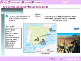 GEOGRAFÍA
TEMA 1RECURSOS INTERNETPRESENTACIÓN
Santillana
INICIO
SALIRSALIRANTERIORANTERIOR
5.- Dominios litológicos y formas de modelado
El dominio volcánico
España:
Archipiélago
canario.
Península (zonas
volcánicas
aisladas): Almería
(cabo de Gata),
Girona (Olot),
Ciudad Real
(Campo de
Calatrava)
Archipiélago
canario.
Península (zonas
volcánicas
aisladas): Almería
(cabo de Gata),
Girona (Olot),
Ciudad Real
(Campo de
Calatrava)
Las erupciones volcánicas y la
erosión posterior modelan
el relieve
La viscosidad de la lava y la proporción de los
piroclastos (productos sólidos) y coladas
influyen en la forma
Modelado
volcánico
Doc.31Doc.31
Ampliación
 