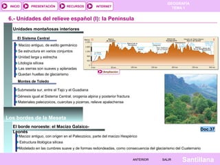 GEOGRAFÍA
TEMA 1RECURSOS INTERNETPRESENTACIÓN
Santillana
INICIO
SALIRSALIRANTERIORANTERIOR
6.- Unidades del relieve español (I): la Península
Unidades montañosas interiores
Macizo antiguo, de estilo germánico
Se estructura en varios conjuntos
Unidad larga y estrecha
Litología silícea
Las sierras son suaves y aplanadas
Quedan huellas de glaciarismo
El Sistema Central
Montes de Toledo
Doc.37Doc.37
Submeseta sur, entre el Tajo y el Guadiana
Génesis igual al Sistema Central, orogenia alpina y posterior fractura
Materiales paleozoicos, cuarcitas y pizarras, relieve apalachense
Los bordes de la Meseta
El borde noroeste: el Macizo Galaico-
Leonés
Macizo antiguo, con origen en el Paleozoico, parte del macizo Hespérico
Estructura litológica silícea
Modelado en las cumbres suave y de formas redondeadas, como consecuencia del glaciarismo del Cuaternario
Ampliación
 