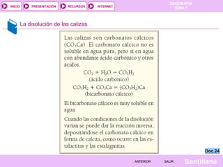 GEOGRAFÍA
TEMA 1RECURSOS INTERNETPRESENTACIÓN
Santillana
INICIO
SALIRSALIRANTERIORANTERIOR
La disolución de las calizas
Doc.24Doc.24
 