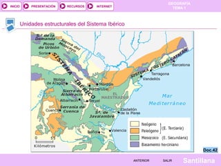 GEOGRAFÍA
TEMA 1RECURSOS INTERNETPRESENTACIÓN
Santillana
INICIO
SALIRSALIRANTERIORANTERIOR
Unidades estructurales del Sistema Ibérico
Doc.42Doc.42
 