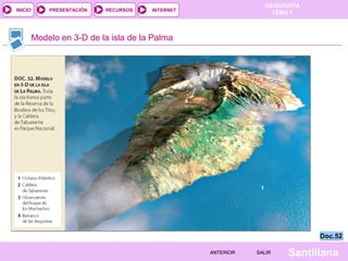 GEOGRAFÍA
TEMA 1RECURSOS INTERNETPRESENTACIÓN
Santillana
INICIO
SALIRSALIRANTERIORANTERIOR
Modelo en 3-D de la isla de la Palma
Doc.52Doc.52
 