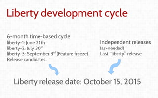 Coordination and
Leadership challenges
in producing OpenStack
Thierry Carrez (@tcarrez)
Release management PTL
Liberty development cycle
Liberty release date: October 15, 2015
6-month time-based cycle
liberty-1: June 24th
liberty-2: July 30th
liberty-3: September 3rd
(Feature freeze)
Release candidates
Independent releases
(as-needed)
Last “liberty” release
 