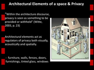 Architectural Elements of a space & Privacy 
“Within the architecture discourse, 
privacy is seen as something to be 
provided or withheld” (Witte, 
2003, p. 23) 
Architectural elements act as 
regulators of privacy both visually, 
acoustically and spatially. 
- furniture, walls, fences, doors, 
furnishings, tinted glass, windows 
 