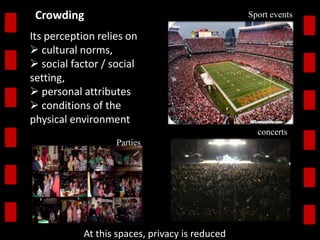 Its perception relies on 
 cultural norms, 
 social factor / social 
setting, 
 personal attributes 
 conditions of the 
physical environment 
Sport events 
Parties 
At this spaces, privacy is reduced 
concerts 
Crowding 
 