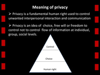 Meaning of privacy 
 Privacy is a fundamental human right used to control 
unwanted interpersonal interaction and communication 
 Privacy is an idea of choice, free will or freedom to 
control not to control flow of information at individual, 
group, social levels. 
Control 
Choice 
Human right 
 