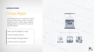 CAMPAIGN FEATURES
Cross Apps
Use Warply just as you would use a typical
ad server. Features like, unique customers,
impressions over multiple apps, weighted
message delivery are some of our out-of-
the-box features.
Deﬁne Speciﬁc Weights on Apps
MaximizeTarget Audience
Avoid Multiple Message Delivery
Uniﬁed Customer Unique ID
 