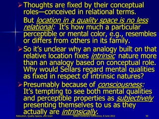 Thoughts are fixed by their conceptual
  roles—conceived in relational terms.
  But location in a quality space is no les...