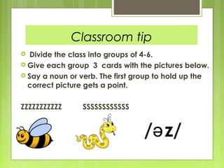 Classroom tip
  Divide the class into groups of 4-6.
 Give each group 3 cards with the pictures below.
 Say a noun or verb. The first group to hold up the
  correct picture gets a point.

ZZZZZZZZZZZ      SSSSSSSSSSSS


                                  /ə z/
 