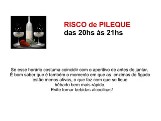 RISCO de PILEQUE  das 20hs às 21hs   Se esse horário costuma coincidir com o aperitivo de antes do jantar.   É bom saber que é também o momento em que as  enzimas do fígado  estão menos ativas, o que faz com que se fique  bêbado bem mais rápido.      Evite tomar bebidas alcoolicas!  