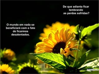 De que adianta ficar 
lembrando 
as perdas sofridas? 
O mundo em nada se 
beneficiará com o fato 
de ficarmos 
desalentados. 
 