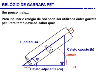 RELÓGIO DE GARRAFA PET
Para inclinar o relógio de Sol pode ser utilizada outra garrafa
pet. Para tanto deve-se saber que:
Um pouco mais...
ϕ
Hipotenusa
Cateto adjacente (ca)
Cateto oposto (h)
 