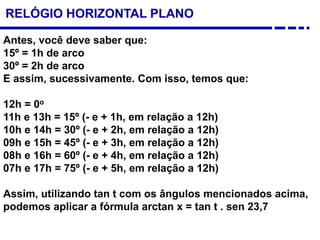 Antes, você deve saber que:
15º = 1h de arco
30º = 2h de arco
E assim, sucessivamente. Com isso, temos que:
12h = 0o
11h e 13h = 15º (- e + 1h, em relação a 12h)
10h e 14h = 30º (- e + 2h, em relação a 12h)
09h e 15h = 45º (- e + 3h, em relação a 12h)
08h e 16h = 60º (- e + 4h, em relação a 12h)
07h e 17h = 75º (- e + 5h, em relação a 12h)
Assim, utilizando tan t com os ângulos mencionados acima,
podemos aplicar a fórmula arctan x = tan t . sen 23,7
RELÓGIO HORIZONTAL PLANO
 