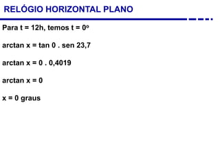 Para t = 12h, temos t = 0o
arctan x = tan 0 . sen 23,7
arctan x = 0 . 0,4019
arctan x = 0
x = 0 graus
RELÓGIO HORIZONTAL PLANO
 