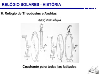 RELÓGIO SOLARES - HISTÓRIA
6. Relógio de Theodosius e Andrias
προζ παν κλιμα
Cuadrante para todas las latitudes
 