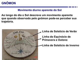 GNÔMON
Movimento diurno aparente do Sol
Ao longo do dia o Sol descreve um movimento aparente
que quando observado pelo gnômon pode-se perceber sua
trajetória.
Linha de Solstício de Verão
Linha do Equinócio de
Primavera e Outono
Linha de Solstício de Inverno
 