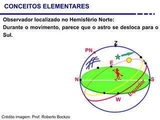 CONCEITOS ELEMENTARES
Observador localizado no Hemisfério Norte:
Durante o movimento, parece que o astro se desloca para o
Sul.
Crédito imagem: Prof. Roberto Bockzo
Z
PN
E
W
SN
 