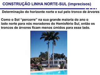 CONSTRUÇÃO LINHA NORTE-SUL (imprecisos)
Determinação do horizonte norte e sul pelo tronco de árvores
Como o Sol “percorre” na sua grande maioria do ano o
lado norte para nós moradores do Hemisfério Sul, então os
troncos de árvores ficam menos úmidos para esse lado.
 