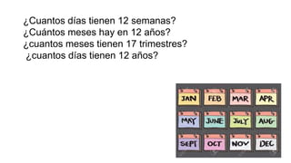 ¿Cuantos días tienen 12 semanas?
¿Cuántos meses hay en 12 años?
¿cuantos meses tienen 17 trimestres?
¿cuantos días tienen 12 años?
 