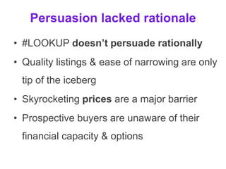 Persuasion lacked rationale
• #LOOKUP doesn’t persuade rationally
• Quality listings & ease of narrowing are only
tip of the iceberg
• Skyrocketing prices are a major barrier
• Prospective buyers are unaware of their
financial capacity & options
 