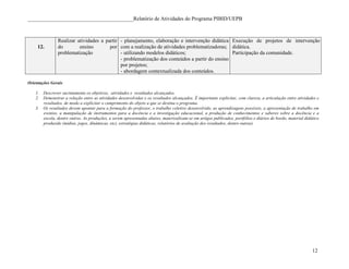________________________________________Relatório de Atividades do Programa PIBID/UEPB 
12 
12. 
Realizar atividades a partir 
do ensino por 
problematização 
- planejamento, elaboração e intervenção didática 
com a realização de atividades problematizadoras; 
- utilizando modelos didáticos; 
- problematização dos conteúdos a partir do ensino 
por projetos; 
- abordagem contextualizada dos conteúdos. 
Execução de projetos de intervenção 
didática. 
Participação da comunidade. 
Orientações Gerais 
1. Descrever sucintamente os objetivos, atividades e resultados alcançados. 
2. Demonstrar a relação entre as atividades desenvolvidas e os resultados alcançados. É importante explicitar, com clareza, a articulação entre atividades e 
resultados, de modo a explicitar o cumprimento do objeto a que se destina o programa. 
3. Os resultados devem apontar para a formação do professor, o trabalho coletivo desenvolvido, as aprendizagens possíveis, a apresentação de trabalho em 
eventos, a manipulação de instrumentos para a docência e a investigação educacional, a produção de conhecimentos e saberes sobre a docência e a 
escola, dentre outros. As produções, a serem apresentadas abaixo, materizalizam-se em artigos publicados, portfólios e diários de bordo, material didático 
produzido (mídias, jogos, dinâmicas, etc), estratégias didáticas, relatórios de avaliação dos resultados, dentre outras). 
