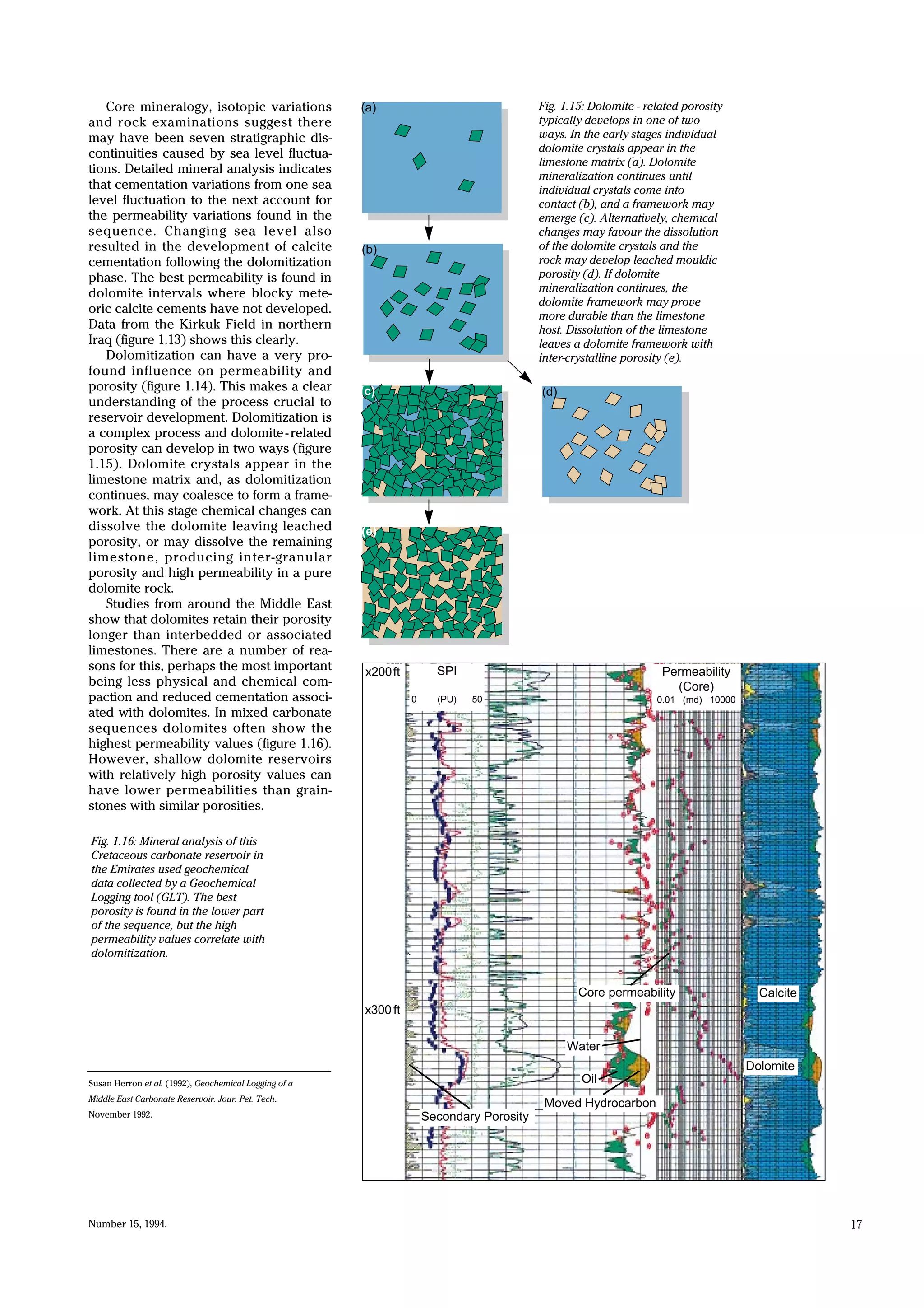 Number 15, 1994. 17
Fig. 1.15: Dolomite - related porosity
typically develops in one of two
ways. In the early stages individual
dolomite crystals appear in the
limestone matrix (a). Dolomite
mineralization continues until
individual crystals come into
contact (b), and a framework may
emerge (c). Alternatively, chemical
changes may favour the dissolution
of the dolomite crystals and the
rock may develop leached mouldic
porosity (d). If dolomite
mineralization continues, the
dolomite framework may prove
more durable than the limestone
host. Dissolution of the limestone
leaves a dolomite framework with
inter-crystalline porosity (e).
(a)
(b)
(c) (d)
(e)
Fig. 1.16: Mineral analysis of this
Cretaceous carbonate reservoir in
the Emirates used geochemical
data collected by a Geochemical
Logging tool (GLT). The best
porosity is found in the lower part
of the sequence, but the high
permeability values correlate with
dolomitization.
Core mineralogy, isotopic variations
and rock examinations suggest there
may have been seven stratigraphic dis-
continuities caused by sea level fluctua-
tions. Detailed mineral analysis indicates
that cementation variations from one sea
level fluctuation to the next account for
the permeability variations found in the
sequence. Changing sea level also
resulted in the development of calcite
cementation following the dolomitization
phase. The best permeability is found in
dolomite intervals where blocky mete-
oric calcite cements have not developed.
Data from the Kirkuk Field in northern
Iraq (figure 1.13) shows this clearly.
Dolomitization can have a very pro-
found influence on permeability and
porosity (figure 1.14). This makes a clear
understanding of the process crucial to
reservoir development. Dolomitization is
a complex process and dolomite-related
porosity can develop in two ways (figure
1.15). Dolomite crystals appear in the
limestone matrix and, as dolomitization
continues, may coalesce to form a frame-
work. At this stage chemical changes can
dissolve the dolomite leaving leached
porosity, or may dissolve the remaining
limestone, producing inter-granular
porosity and high permeability in a pure
dolomite rock.
Studies from around the Middle East
show that dolomites retain their porosity
longer than interbedded or associated
limestones. There are a number of rea-
sons for this, perhaps the most important
being less physical and chemical com-
paction and reduced cementation associ-
ated with dolomites. In mixed carbonate
sequences dolomites often show the
highest permeability values (figure 1.16).
However, shallow dolomite reservoirs
with relatively high porosity values can
have lower permeabilities than grain-
stones with similar porosities.
Susan Herron et al. (1992), Geochemical Logging of a
Middle East Carbonate Reservoir. Jour. Pet. Tech.
November 1992.
Oil
Moved Hydrocarbon
Secondary Porosity
Core permeability
Permeability
(Core)
0.01 (md) 10000
Water
Calcite
Dolomite
SPI
0 (PU) 50
x200ft
x300 ft
 