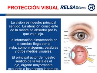 PROTECCIÓN VISUAL
La visión es nuestro principal
sentido. La atención consciente
de la mente se absorbe por lo
que ve el ojo.
La información almacenada en
el cerebro llega por la
vista, como imágenes, palabras
y otros medios visuales.
El principal actor de nuestro
sentido de la vista es el
ojo, órgano mayormente
expuesto a los riesgos laborales.
 