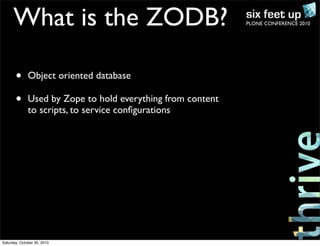 PLONE CONFERENCE 2010What is the ZODB?
• Object oriented database
• Used by Zope to hold everything from content
to scripts, to service conﬁgurations
Saturday, October 30, 2010
 