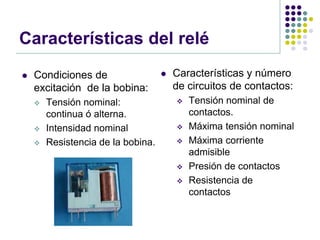 Características del relé
   Condiciones de                     Características y número
    excitación de la bobina:            de circuitos de contactos:
       Tensión nominal:                   Tensión nominal de
        continua ó alterna.                 contactos.
       Intensidad nominal                 Máxima tensión nominal
       Resistencia de la bobina.          Máxima corriente
                                            admisible
                                           Presión de contactos
                                           Resistencia de
                                            contactos
 