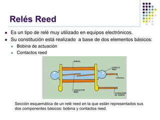 Relés Reed
   Es un tipo de relé muy utilizado en equipos electrónicos.
   Su constitución está realizado a base de dos elementos básicos:
        Bobina de actuación
        Contactos reed




        Sección esquemática de un relé reed en la que están representados sus
        dos componentes básicos: bobina y contactos reed.
 