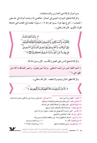 ‫فى‬ ‫إ�سالمية‬‫ا‬ ‫خواطر‬ ‫كتاب‬ ( ) ‫إ�سـالمـيـــة‬‫ل‬‫ا‬ ‫الـدينـيــــة‬ ‫الـتربـيــــة‬ ( ‫فـى‬ ‫المعلم‬
)‫أول‬‫ل‬‫ا‬‫الدرا�سـى‬‫الف�سـل‬(‫إعدادى‬‫ل‬‫ا‬‫الثالث‬‫لل�سف‬)‫وال�سكانية‬‫البيئية‬‫التوعية‬
20
. ‫والم�ست�سفيات‬ ‫المدار�ض‬ ‫تبنى‬ ‫الزكاة‬ ‫أموال‬‫ا‬ ‫ومن‬
‫معين‬ ‫حد‬ ‫إلى‬‫ا‬ ‫أمواله‬‫ا‬ ‫و�سلت‬ ‫إذا‬‫ا‬ ‫فـالغـنـى‬ ‫؛‬ ‫الـمـال‬ ‫فى‬ ‫البيئــى‬ ‫الــتوازن‬ ‫تحـقـق‬ ‫والزكـاة‬
‫حددها‬ ‫التى‬ ‫الفئات‬ ‫إلى‬‫ا‬ ‫ليقدمه‬ ‫؛‬ ‫ا‬ًّ‫�سنوي‬ ) % 2^5( ‫هو‬ ‫ا‬ً‫ي�سير‬ ‫ا‬ً‫جزء‬ ‫منها‬ ‫أخرج‬‫ا‬ ، ) ‫الن�ساب‬ (
: ‫ــ‬ ‫تعالى‬ ‫ــ‬ ‫اهلل‬ ‫قال‬ . ‫الكريم‬ ‫آن‬‫ا‬‫القر‬
:  ‫اهلل‬ ‫ر�سول‬ ‫قال‬ . ‫والك�سب‬ ‫العمل‬ ‫على‬ ‫النا�ض‬ ‫ت�سجع‬ ‫والزكاة‬
. ‫عياله‬ ‫وحاجة‬ ‫حاجته‬ ‫يكفى‬ ‫ل‬ ‫�سىء‬ ‫عنده‬ ‫من‬ ‫الم�سكين‬ : ‫الم�ساكين‬ )2) . ‫عنده‬ ‫�سىء‬ ‫ل‬ ‫من‬ ‫الفقير‬ : ‫الفقراء‬ )1)
. ‫و�سيانتها‬ ‫ال�سدقات‬ ‫تح�سيل‬ ‫فى‬ ‫يعملون‬ ‫الذين‬ : ‫عليها‬ ‫العاملين‬ )3)
. ‫إ�سالم‬‫ل‬‫ا‬ ‫على‬ ‫ألفوا‬‫ا‬‫ليت‬ ‫ال�سدقة‬ ‫من‬ ‫يعطون‬ ‫الذين‬ : ‫قلوبهم‬ ‫لفة‬‫الموؤ‬ )4)
. ‫حريتهم‬ ‫لينالوا‬ ‫بال�سدقات‬ ‫أرقاء‬‫ل‬‫ا‬ ‫إعانة‬‫ا‬ ‫أى‬‫ا‬ : ‫قاب‬ِّ‫الر‬ ‫وفى‬ )5)
. ‫الدين‬ ‫أداء‬‫ا‬ ‫عن‬ ‫وعجزوا‬ ، ‫مع�سية‬ ‫غير‬ ‫فى‬ ‫أنف�سهم‬‫ل‬ ‫ا�ستدانوا‬ ‫الذين‬ : ‫الغارمين‬ )6)
. ‫والحجيج‬ ‫المجاهدين‬ ‫فقراء‬ : ‫اهلل‬ ‫�سبيل‬ ‫فى‬ )7)
. ‫وطنه‬ ‫وبين‬ ‫بينه‬ ‫ال�سلة‬ ‫انقطعت‬ ‫ومن‬ ، ‫ماله‬ ‫عن‬ ‫المنقطع‬ ‫الم�سافر‬ : ‫ال�سبيل‬ ‫ابن‬ )8)
. ‫وم�سلم‬ ‫البخارى‬ ‫رواه‬ (10) 60 ‫آية‬‫ل‬‫ا‬ ‫ــ‬ ‫التوبة‬ ‫�سورة‬ (9)
103 ‫آية‬‫ل‬‫ا‬ ‫ــ‬ ‫التوبة‬ ‫�سورة‬ (12) . ‫ح�سناتهم‬ ‫بال�سدقة‬ ‫وتنمى‬ : ‫بها‬ ‫وتزكيهم‬ )11)
: ‫ــ‬ ‫تعالى‬ ‫ــ‬ ‫اهلل‬ ‫قال‬ . ‫تنق�سه‬ ‫ول‬ ‫وتنميه‬ ‫المال‬ ‫تطهر‬ ‫والزكاة‬
‫عن‬ ‫كان‬ ‫ما‬ ‫ال�سدقة‬ ‫وخـيـر‬ ، ‫تـعـول‬ ‫بمن‬ ‫أ‬‫ا‬‫وابـد‬ ، ‫ال�سفلـى‬ ‫الـيــد‬ ‫مـن‬ ‫خـير‬ ‫العليا‬ ‫الـيـد‬ «
. (10)
» ‫غنى‬ ‫ظهر‬
}
. (9)
(1)(2)(3)(4)
(5)(6)(7)(8)
}. (12)
(11)
 