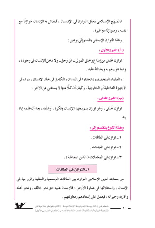 فى ةيملاس6إا رطاوخ باتك ( ) ةـــيـملاـس6إلا ةــــيـنيدـلا ةــــيـبرتـلا ( ىـف ملعملا 
) لوألا ىـس6اردلا لـس}فلا ( ىدادعإلا ثلاثلا فس}لل ) ةيناكس{لاو ةيئيبلا ةيعوتلا 
29 
ماذا تعلم i من الباب الأول  
❍ تعلم i من الباب الأول : 
من ىسƒتقت ةفلاخلاو ، ض9رألا ىف هل ةفيلخ هلعجو ، ناس€نإلا قلخ للها نأا ــ 1 
قام اذإاف ، ــ ىلاعت ــ للها جهنم بس€حب اهنوئس7 ىف فرس‚تلاو ، ض9رألا ةرامع : ناس€نإلا 
عبادة ةفلاخلاف ؛ عا 8ٍض وهف فلتأاو لمهأا اذإاو ، للها عاطأا دقف ، للها هرمأا امب ناس€نإلا 
وطاعة . 
فاإذا ، ةنامأا هنأل ؛ هيلع فلختس6ا ام ىلع ظفاحي نأا ناس€نإلا ىلع بجاولا نأا ــ 2 
اأهمل واأتلف ، فقد خان الأمانة ، وا 6ستحق عقاب الله . 
اأما اإذا حافظ على هذه الأمانة ، فقد نال ر 9سا الله وثوابه . 
، نازتاو لماكتو ، قيس€نتو ماظنو ةروس8 لمـجأا ىف نوـكلا قلخ دق للها نأا ــ 3 
ميزان دس€فل تس‚قن وأا تداز ول ، ةبس€نو رادقمب قلخ نوكلا اذه ىف ءىس7 لك نأاو 
الكون . 
الح سرات ىفو ، وجلاو رحبلاو ربلا ىف هدجن نوكلا ىف ىئيبلا نزاوتلا نأا ــ 4 
والحيوان والطير ... اإلخ . 
وظيفته فردٍ لك ىدؤوي ثيح ؛ لماكتلاو نزاوتلا هيف دجن لحنلا عمتجم نأا ــ 5 
بنظامٍ وتكاملٍ واتزانٍ . 
المجتمع ىف ــ ااأيًƒس ــ هدجنو ، ىملاس6إلا جهنملا ىف نزاوتلاو لماكتلا دجن ــ 6 
الإ6سلامى . 
 