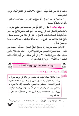 ) ديز نب ةماس6أا ةس}ق ( ) ةــــيـملاـــس6إلا ةـــيـنيدـلا ةــــيـبرتـلا ( ىــف مــلـعــملا 
) لوألا ىـس6اردلا لـس}فلا ( ىدادعإلا ىناثلا فس}لل » ملاس6إلا ىف دئاق رغس8أا « 8 
اأنَا امَ للهاوف ىنراتخا نإا و ، لكُمْ فَهُوَ مكرااخْتَ نإا ف ، فخيِّروهُ هوعدا : محمدٌ قَالَ 
بالَّذى اأَختَارُ على مَن اختارنى اأَحدًا . 
قال الرَّجلان : زِدتَنا على النََّ‚سفِ واأَح €َسنْتَ . 
: هلساأَ6 (1يهِ) دي نيب مَثَلَ اولَمَّ .. ارثَةَ ح نَب دَيز ىدان يُ نمب محمدٌ اأمََرَ ورِ فلا ىلعو 
ــ اأَتَعْرِفُ هوؤلءِ يا زيْدُ ؟ 
زيد : نعم .. هذا اأَبى ، وَهذا عمِّى . 
محمد : فَاأنََا مَنْ عَلمْتَ وَرَاَأيْتَ ُ8سحبتى لكَ ، فاخْتَرْنى اأَو اختَرْهُما . 
زيد : مَا اأَنا بالذى اأَختارُ عَلَيْكَ اأحدًا .. اأنـت مِنِّى بمكـانِ الأبِ والعمِّ . 
اأبَيكَ ىلعو ، الحريةِ ىلالعُبوديةَ عَ اأتَختارُ .. زَيْدُ اي ويْحَكَ) 2) : نلاجرلا 
وعَمِّـكَ ، وعـلى اأَهْـلِ بيتِكَ ؟ 
. ااأبدً ااأحَدً هيلع اأخَْتَارُ ىذبالَّ ااأنََ ا مَاالرَّجُلِ 7سيئً اذه نم راأَيْتُ دق .. معن : ديز 
حتَّى ،الأخيرَةَ العبارةَ قطني زيدٌ داك ام زيدًا : ىيتبنَّ للها دبع نب دمحم l 
فاَ9ستْ عينا محمد بالدُّموع ، وخَرَجَ بِزيدٍ اإلى الحِجْرِ) 3) ، وقال : 
يا منْ حَƒسرَ ، ا 7سهدُوا اأنََّ زيْدًا ابْنى يَرِثُنى واأَرثُهُ . 
منَ ظليلٍ ظلٍّ ىف يعي شُ ابْنَهُ اأنََّ ىلإا واطماأَنَّ ، وجهُ حَارثةَ تَهَلَّل) 4) كلذَ دنع 
اإلِى نراجـعَيْ كعبٌ هوخواأََ وه وقَفَلَ ، امحمدً فودَّعَ ، والعطفِ والرِّعايةِ الحبِّ 
حَيِّهما . 
النَّا 6ش باأنَه نيب امعروفً حبس8واأَ، الواقعةِ هذهَ دعمكانَتهُ بَ 6سمَتْ) 5) دقف زَيدٌ ااأمََّ 
محمد ثبَعْ دعب الكريمُ القراآنُ نَزَلَ ااإل عِنْدَمَ اللقَبُ اذه يَبْطُلْ مولَ .. دمحم نبا ديز 
يقول : { ادْعُوهُمْ لآبائِهمْ هُوَ اأَقْ €َسطُ) 6) عِندَ الله ) 7) . 
) 1( مثل بين يديه : قام بين يديه . ) 2( ويْحَكَ : رحمة بك . 
) 4( تهلل : ظهرت عليه اأمارات الفرح . . ) 3( الحِجْرُ : حجر اإ6شماعيل بجوار الكعبة 
) 6( اأَقْ €َسطُ : اأعَْدَل . ) 7( 6سورة الأحزاب ، الآية ) 5) . . ) 5( 6سمَتْ : علت 
 