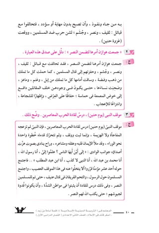 ) ديز نب ةماس6أا ةس}ق ( ) ةــــيـملاـــس6إلا ةـــيـنيدـلا ةــــيـبرتـلا ( ىــف مــلـعــملا 
) لوألا ىـس6اردلا لـس}فلا ( ىدادعإلا ىناثلا فس}لل » ملاس6إلا ىف دئاق رغس8أا « 38 
6ساعةٍ ىف زَيْدٍ ناأ6َسامةَ بْ مَوْقِفُ اهُنَ ايَعْنِينَ احنين : اإنَِّ مَ ىف ةماس6أا ةلوطب l 
منْ ع ْسرةَ ال €َّساد 6سةَ ىف اأُ6سامةُ كانَ .. النَّبىُّ ` اهب مَرَّ ىتلا ال €َّساعَاتِ اأحَْرَجِ نم 
تكُونَ ناأَ الأقْدَارُ وت َساءُ ، النبىِّ ` مَعَ اهيف غَزْوةٍ يَخْرُجُ لاأوََّ هذه وكانتْ ، عُمرهِ 
، الخَطَرِ اأَ7ْسبَاحِ واأمَامَ ، الموْتِ داأمََامَ مَ َساهِ اأ6َسامةُ وَيثبتُ ، لِلْمُوْؤمنينَ ا قَا 6ِسيً اامْتحَانً 
فى الوَقْتِ الذى اأَدْبَرَ( 1) فيه الأبْطَالُ ال ‚سناديدُ( 2) مِنَ المُ €ْسلِمينَ . 
اُأ6َسامةَ ، النَّبِى ` نَحْوَ نَفْ €شِ ىف اعَميقً ااأثََرً تَرَكَ ٌفالقيادة : مَوقِ ريس7ابت l 
6َساعَةِ ىف مباأَرْواحِهِ هافتدَوْ الَّذِينَ ، اإلِيهِ نيبالمُقَرَّ برقأا ش6وفن ىف همَكانَتِ نورَفَعَ مِ 
يكونَ قَائِدًا فى اأُ6سامَةَ جَديرٌ باَأنْ نأا ه8سحْبِ شƒعبو للنَّبِىِّ ` تَاأكََّدَ دوقَ .. الْخَطرِ 
فى وي €ْستَطِيعُ ، عاجال ُّس دئاالقَ طاقاتِ وَمَواهِبِ يَمْلِكُ كُلَّ هنأل ؛ البَاكرةِ ال €ِّسنِّ هذه 
اللَّحَظاتِ الحَرِجَةِ اأَنْ يَظَلَّ ثابِتَ الجَنَانِ( 3) ، قوِىَّ البَاأْ6شِ( 4) ، ل يَْƒسعُفُ ول يَلِينُ . 
لحظَةَ مه6َسكينَتَهُ( 5) عَلَيْ للها اأنْزَلَ نيذالَّ ، رالأحَدَ عَ َس المُوؤمِنينَ ناأُ6َسامَةُ مِ كانَ 
نَزلتْ بِهم ااإذَ نينالْمُوؤمِ بوقُلُ ىعَلَ للها ى فَعَرَفَ كَيفَ يَتَجلَّ ، المُ €ْسلمينَ اإدِْبارِ 
مِحْنَةٌ( 6) ، وَكَيْف يُظِلُّهمْ بِقُوَّ تِهِ اإِذا حاقَتْ( 7) بهم كارثَةٌ . 
الغَزْوَةِ الْمُ €ْسلِمُـونَ مِنْ هَذِهِ النَّبىُّ ` وَعَـادَ داـع اأمرًا : رمسƒي ىبنلا l 
َ8سدرِه ىف وحَبَ €َسهُ ، ااأمَرً النبِى ` قَرَّرَ ولَكنَّ ، والأَ6ْسلابِ( 8) مئانغلاب محمَّلِينَ 
اإحِدى ىف للجيْ شِ ااأُ6َسامَةَ قَائِدً تَعْيينُ وه الأمْرُ اكانَ هَذَ .. يحِينَ مَوْعِدهُ ىحتَّ 
الغَزَوَات القادمة . 
( 1( اأدبر : وَلَّى وانهزم . ( 2( ال ‚سناديد : جمع ) 8شنديد( ، وهو ال {شجا ˆ . 
( 3( الجَنان : القل d . ( 4( الباأ6ش : ال {شدَّة فى الحرب . 
( 5( 6سكينته : هدوءه ، وا :م _نانه . ( 6( محنة : بلاء و 7شدة . 
قهرًا . برحلا ىف وِّدعلا ن م ذخؤ يو ام : بلاأ6س لا (( 7( حاقت : اأَ8شابت . ( 8 
 