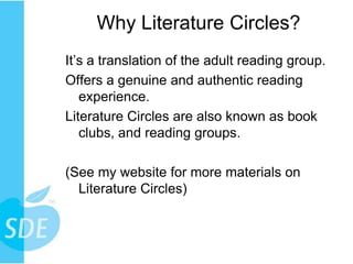 Why Literature Circles?
It’s a translation of the adult reading group.
Offers a genuine and authentic reading
   experience.
Literature Circles are also known as book
   clubs, and reading groups.

(See my website for more materials on
  Literature Circles)



                                          18
 