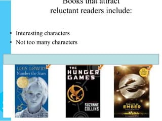Books that attract
              reluctant readers include:

• Interesting characters
• Not too many characters




                                   22
 