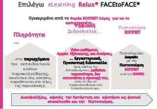 Πληρότητα
…
…στο περιεχόμενο
του εκπαιδευτικού
κύκλου
παρακολούθησης,
(αναλυτικά ύλη, ασκήσεις,
παραθέτονται στο τέλος
της παρουσίασης).
Ψηφιακή
Διδασκαλία…
… Εργαστηριακή,
Προσωπική διδασκαλία,
προς όφελος του
Εκπαιδευόμενου, μαθαίνει
περισσότερα, δεν
αποσπάται η προσοχή του,
είναι το ίδιο αν
παρακολουθούσαι στα
Εκπαιδευτήριά μας.
Επιλέγω eLearning Relux® FACEtoFACE®
Πιστοποιείσαι
Δωρεάν,
με την
Πιστοποίηση
ΕΟΠΠΕΠ
από τον ΕΟΠΠΕΠ,
Πιστοποίηση
ΕΟΠΠΕΠ
Διασφαλίζεις, αφενός την Κατάρτιση και αφετέρου ως φυσικό
επακόλουθο και την Πιστοποίηση.
Video μαθήματα,
Αρχεία Εξάσκησης, και Ασκήσεις.
Εγκεκριμένο από το Φορέα ΕΟΠΠΕΠ λόγος για να το
εμπιστευτείτε.
 