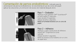 Cementación de pernos endodónticos: indicado para la
cementación de pernos endodónticos. Se recomienda el uso de conos de papel
aplicar las soluciones y la remoción de exceso de material después de la
Paso 1 – Grabador:
•Aplique el gel grabador 3M™ Scotchbond™
al canal; espere 15 segundos.
•Lave durante 10 segundos.
•Seque durante 2 segundos.
Retire la humedad excesiva con un cono de
papel.
Paso 2 – Adhesivo
•Aplique 2 capas consecutivas de Adhesivo
Dental 3M™ Single Bond al canal
radicular
•Seque durante 5 segundos.
Retire los excesos (si los hubiere) con un cono
de papel seco.
 