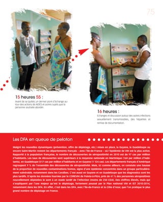 121030_RemaidesDFA:Rem2008         30/10/12      18:14     Page 75




                                                                                                                               75




          15 heures 55 :
          Avant de se quitter, un dernier point d'échange au-
          tour des actions de AIDES et autres sujets que la
          personne souhaite aborder.
                                                                                16 heures :
                                                                                Echanges et discussion autour des autres infections
                                                                                sexuellement transmissibles, des hépatites et
                                                                                remise de documentation.




        Les DFA en queue de peloton
        Malgré les nouvelles dynamiques (prévention, offre de dépistage, etc.) mises en place, la Guyane, la Guadeloupe ou
        encore Saint-Martin restent les départements français – avec l’Ile-de-France – où l’épidémie de VIH est la plus active.
        Rapporté à la population française, le nombre de découvertes de séropositivité en 2010 est de 97 cas par million
        d’habitants. Les taux de découvertes sont supérieurs à la moyenne nationale en Martinique (160 par million d’habi-
        tants), en Guadeloupe (517 cas par million d’habitants et en Guyane (1 124 cas). Les départements français d’Amérique
        regroupent 9 % de l’ensemble des découvertes de séropositivité. Mais, ici comme ailleurs, on constate une hausse
        de la proportion de nouvelles contaminations homos, signe d’une épidémie concentrée dans un groupe particulière-
        ment vulnérable, notamment dans les Caraïbes. C’est aussi en Guyane et en Guadeloupe que les diagnostics sont les
        plus tardifs. D’après les données fournies par le COREVIH de Pointe-à-Pitre, près de 41 % des personnes séropositives
        nouvellement dépistées le sont à un stade tardif de l’infection (moins de 250 CD4). Des chiffres élevés, mais qui
        s’expliquent par l’axe majeur qu’est le dépistage, fortement poussé par le Plan national VIH et IST 2010-2014,
        notamment dans les DFA. En effet, c’est dans les DFA, avec l’Ile-de-France et la Côte d’Azur, que l’on pratique le plus
        grand nombre de dépistage en France.
 
