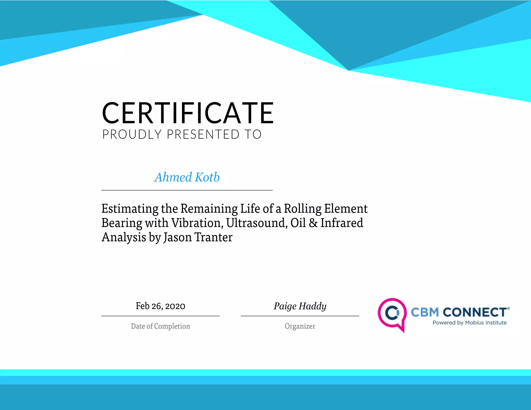 Certificate of Completion"Remaining life of a rolling element bearing