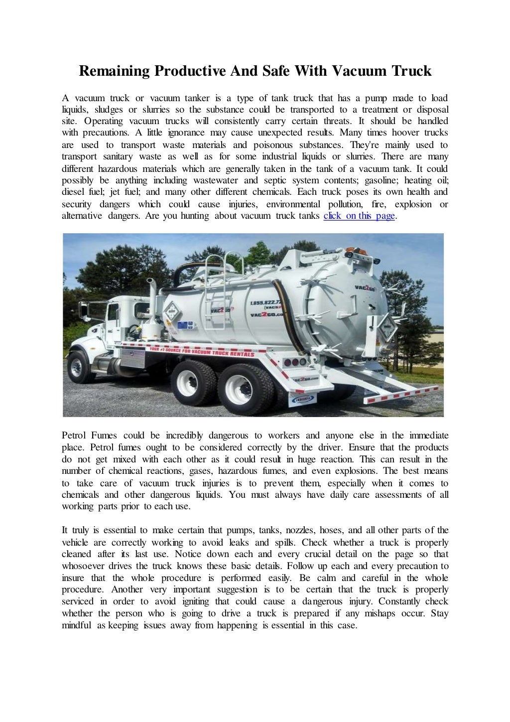Remaining productive and safe with vacuum truck