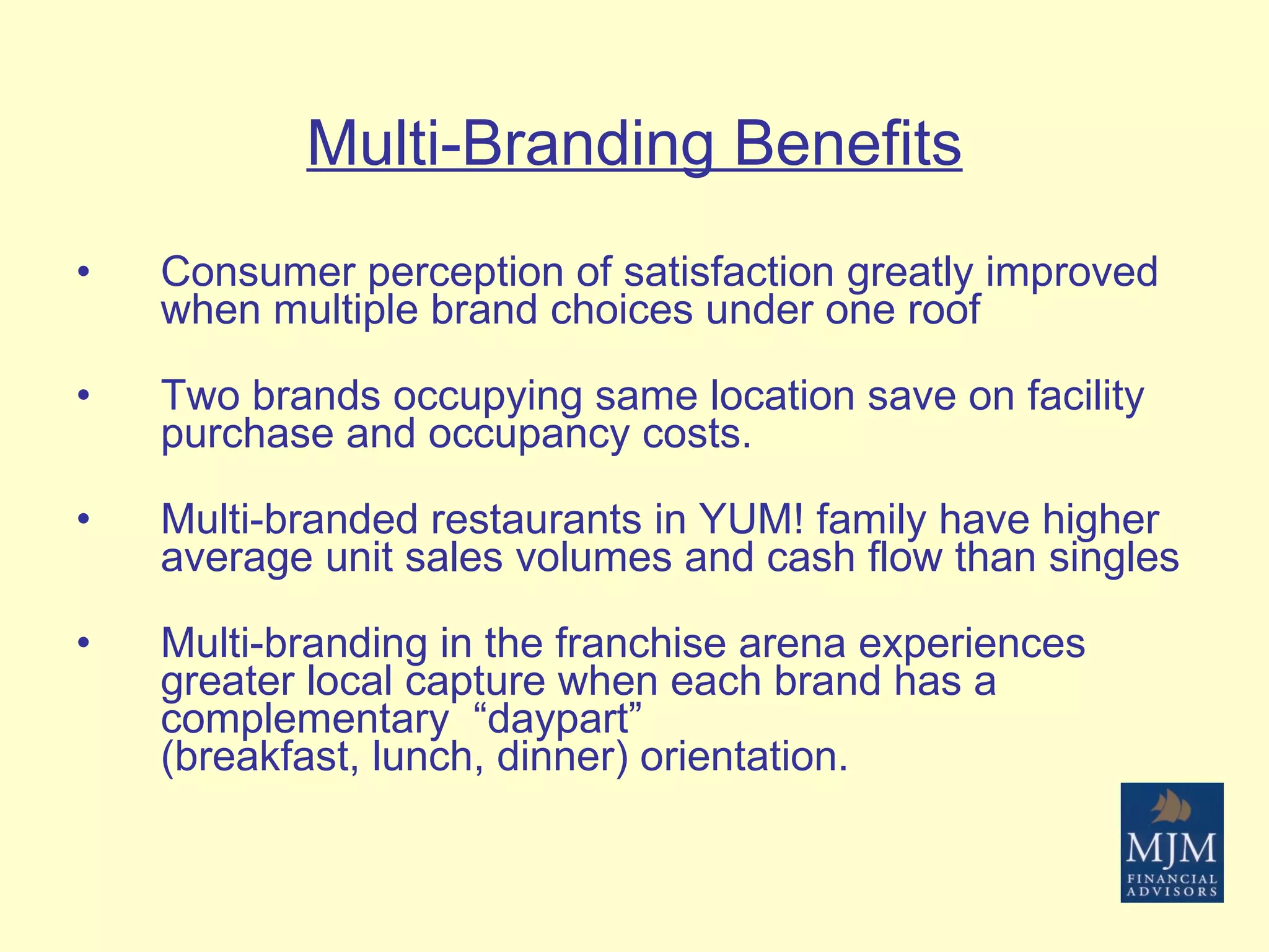 Multi-Branding Benefits Consumer perception of satisfaction greatly improved when multiple brand choices under one roof Two brands occupying same location save on facility purchase and occupancy costs. Multi-branded restaurants in YUM! family have higher average unit sales volumes and cash flow than singles Multi-branding in the franchise arena experiences greater local capture when each brand has a complementary  “daypart”  (breakfast, lunch, dinner) orientation. 