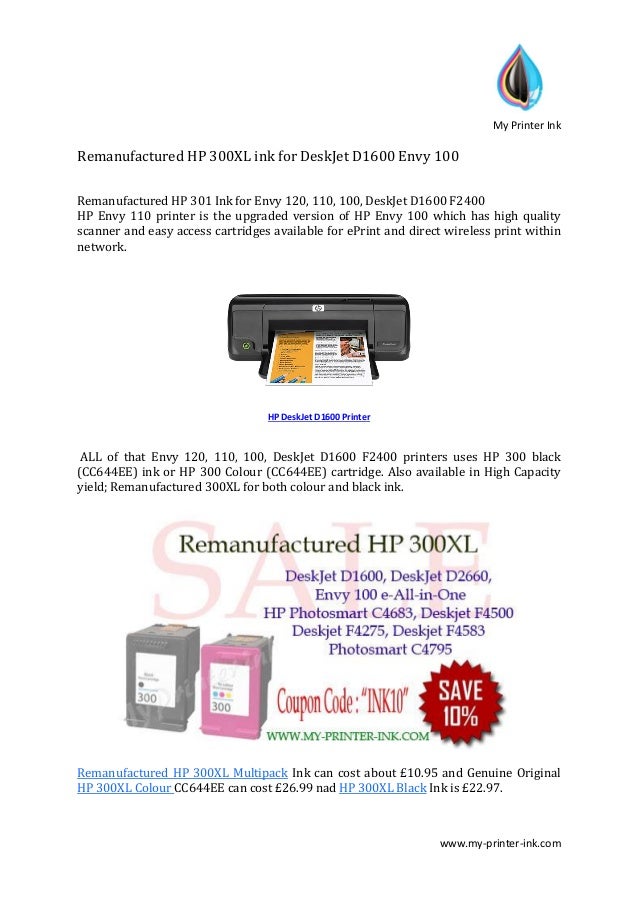 Remanufactured HP 300XL ink for DeskJet D1600 Envy 100 Printers
