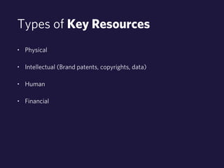 Types of Key Resources 
• Physical 
• Intellectual (Brand patents, copyrights, data) 
• Human 
• Financial 
 