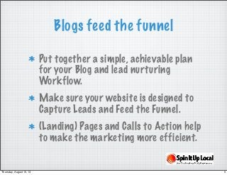 Blogs feed the funnel
Put together a simple, achievable plan
for your Blog and lead nurturing
Workflow.
Make sure your web...