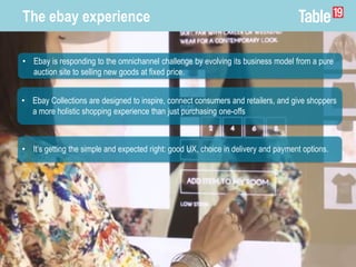 • Ebay is responding to the omnichannel challenge by evolving its business model from a pure
auction site to selling new goods at fixed price.
The ebay experience
• It’s getting the simple and expected right: good UX, choice in delivery and payment options.
• Ebay Collections are designed to inspire, connect consumers and retailers, and give shoppers
a more holistic shopping experience than just purchasing one-offs
 