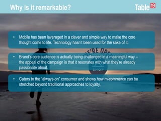 • Caters to the “always-on” consumer and shows how m-commerce can be
stretched beyond traditional approaches to loyalty.
Why is it remarkable?
• Brand’s core audience is actually being challenged in a meaningful way –
the appeal of the campaign is that it resonates with what they’re already
passionate about.
• Mobile has been leveraged in a clever and simple way to make the core
thought come to life. Technology hasn’t been used for the sake of it.
 